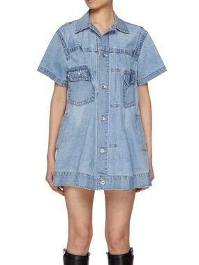 SACAI Light Blue Cotton Deconstructed Asymmetric Denim Jeans Mini Shirt Dress 1